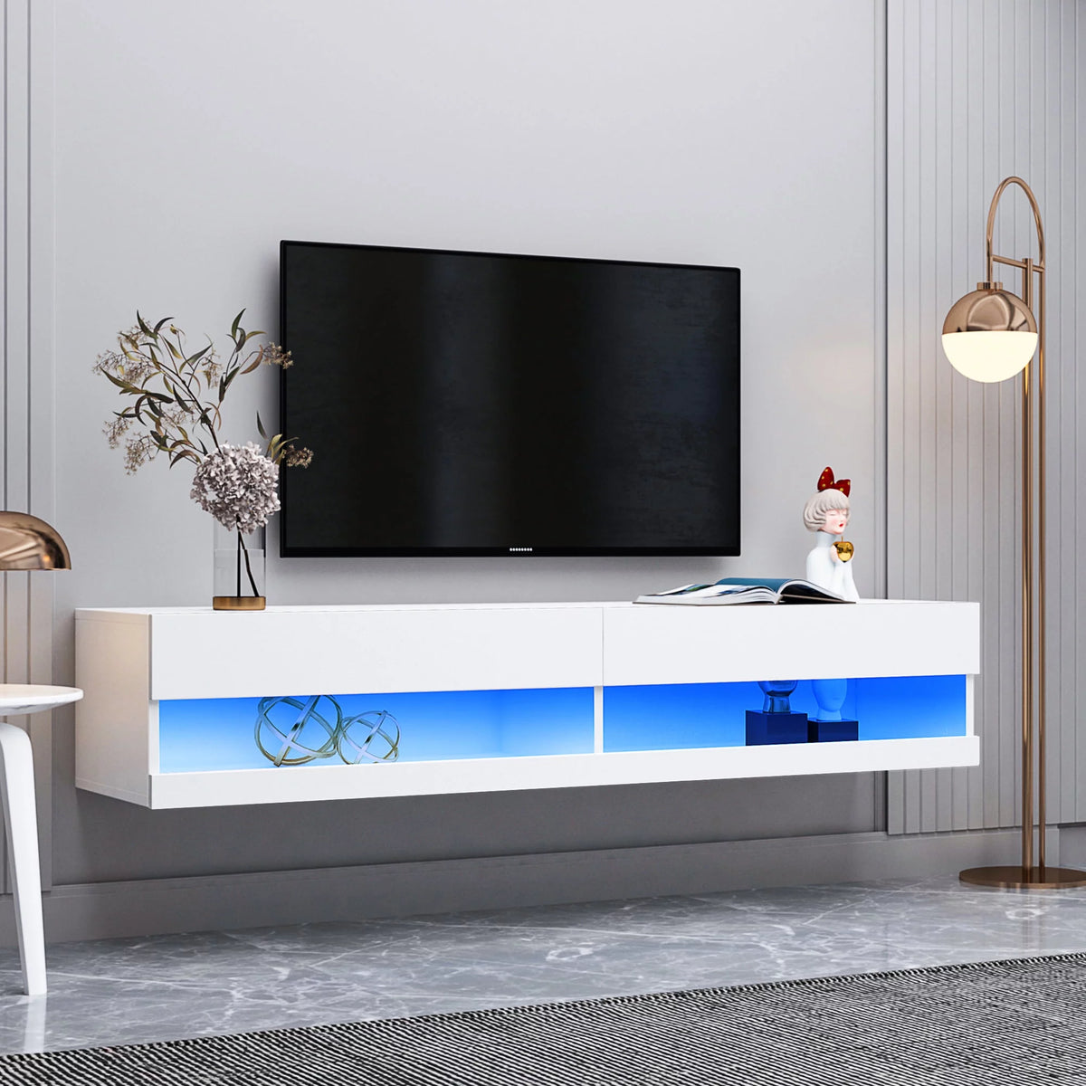 Wall Mounted Floating 80" TV Stand with 20 Color LEDs White I571