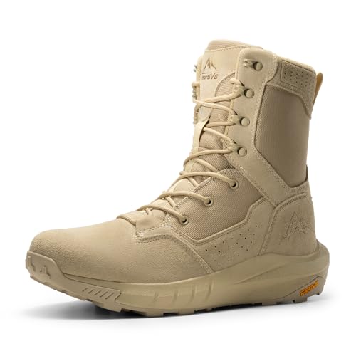 Men's Breathable Military Tactical Combat Boots Side Zipper Leather Lightweight Motorcycle Work Hiking Boots 8 Inches V48546
