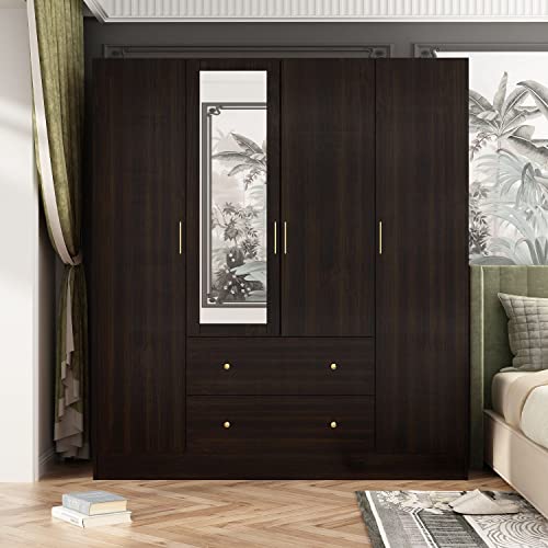 White 4-Door Wardrobe Closet with Mirror, Drawers and Shelves, Hanging Rod L4138