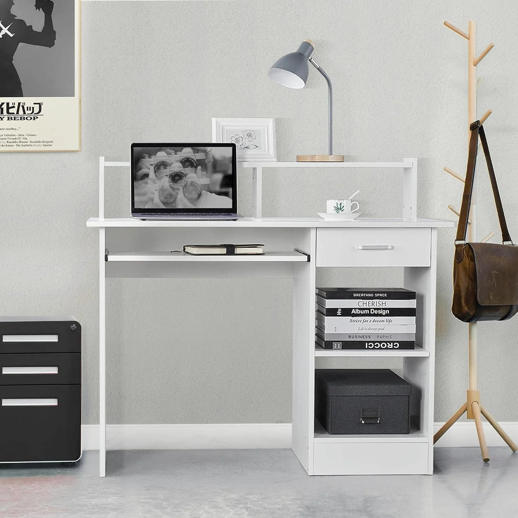 White Computer Desk with Keyboard Tray and Drawers H311