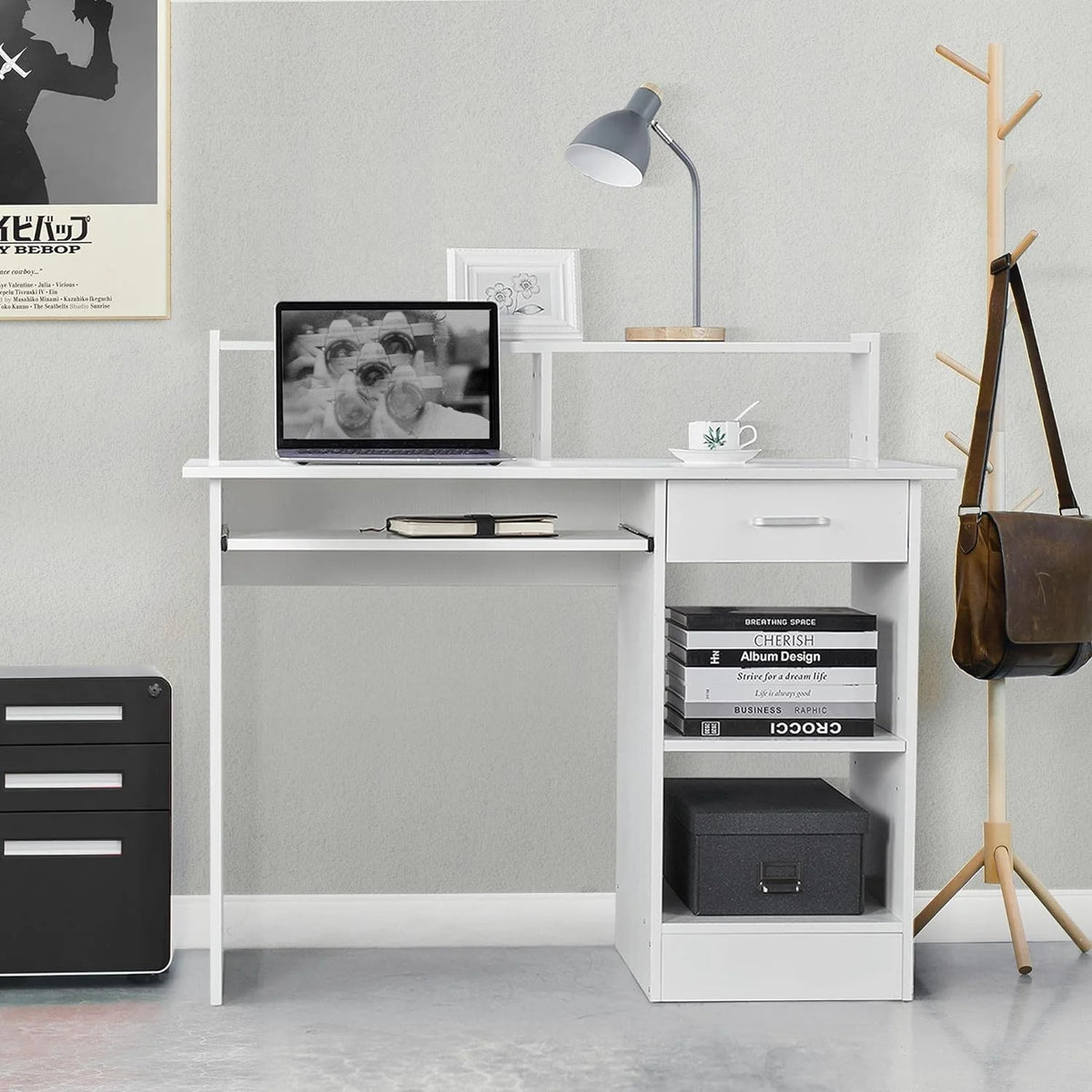 White Computer Desk with Keyboard Tray and Drawers H311