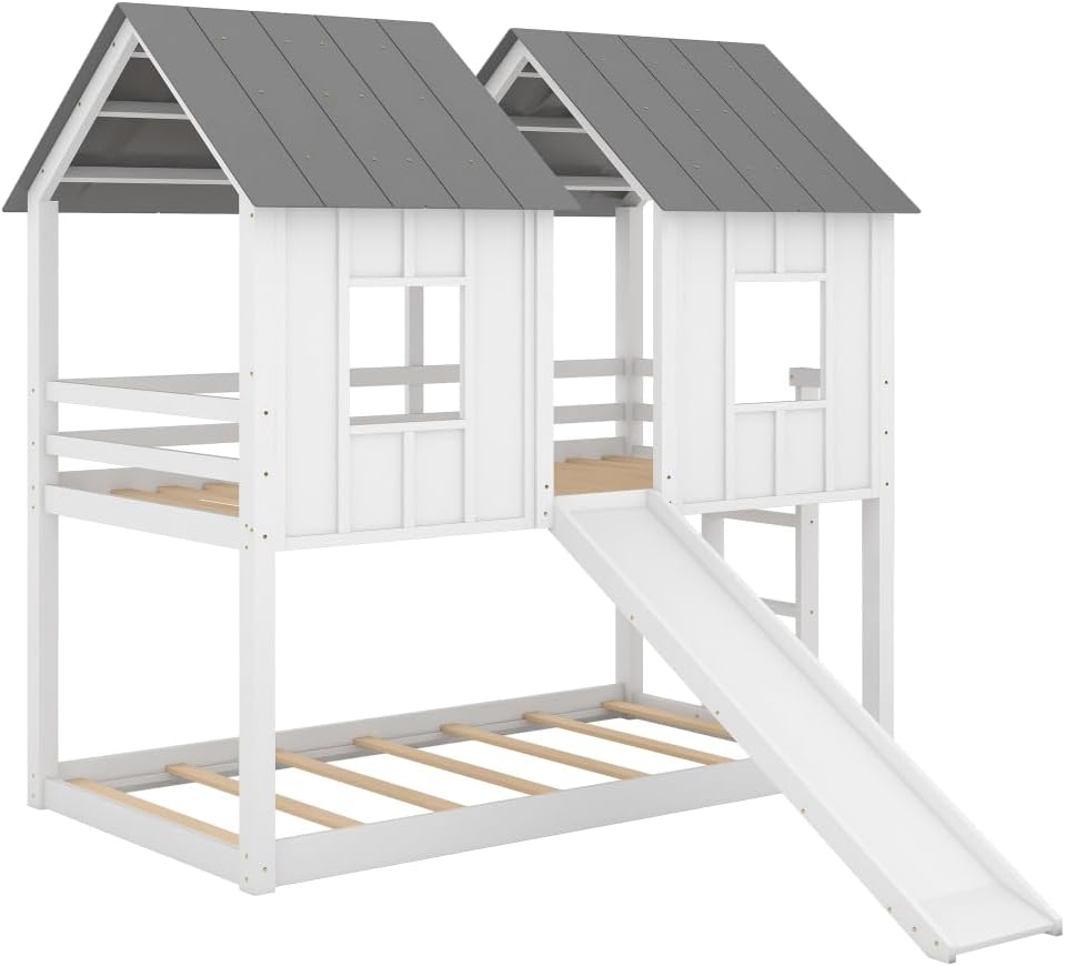White Twin Over Twin Bunk Bed with Slide and Windows F3611