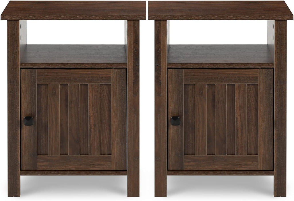 Set of 2 White Wood Grain Nightstands with Cabinet & Open Shelf O574