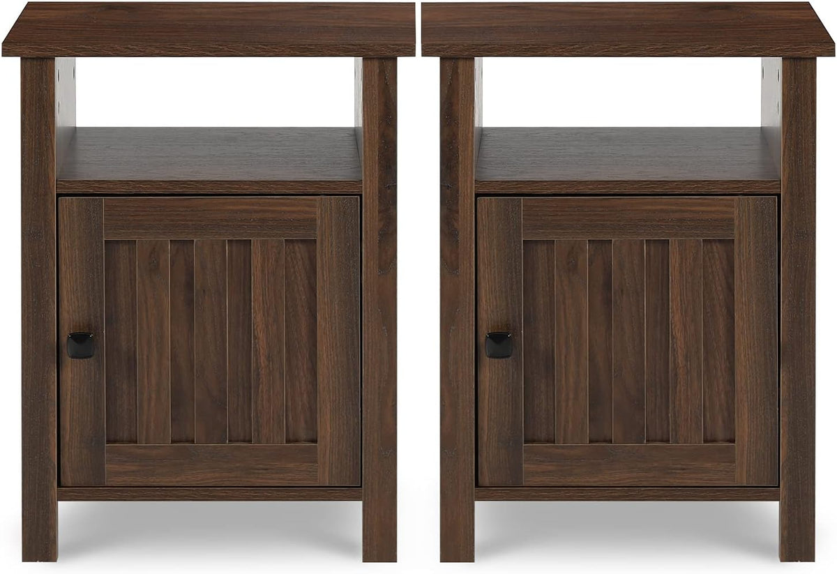 Set of 2 White Wood Grain Nightstands with Cabinet & Open Shelf O574