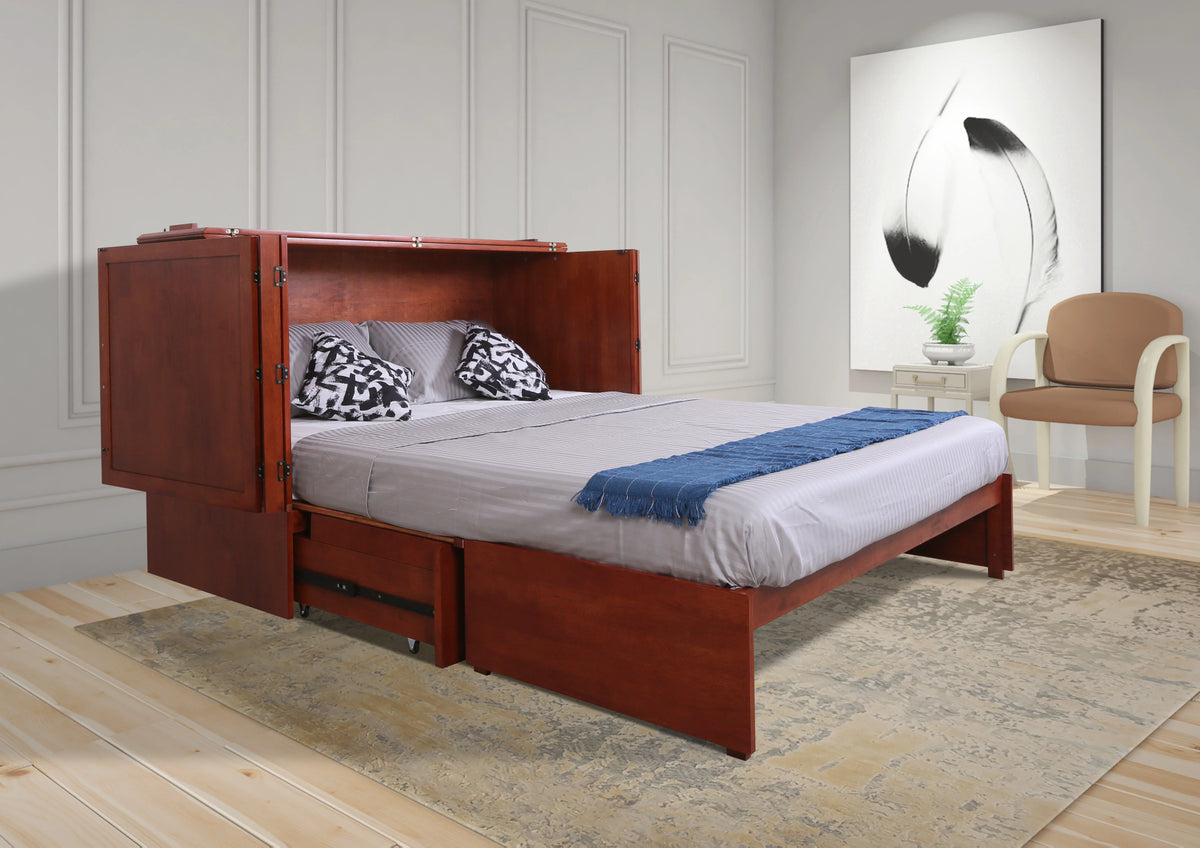 Queen Cherry Murphy Cabinet Chest Bed with Charging Station & 6" Memory Foam Mattress Q653502