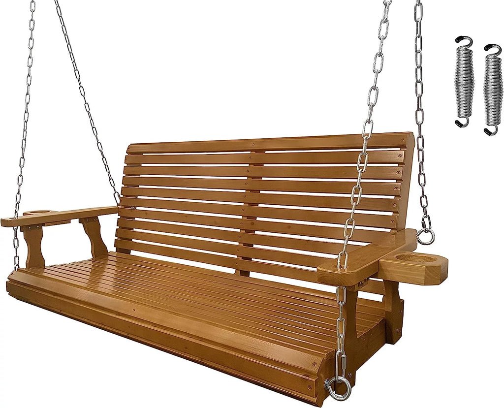 Brown 2 Seater Wooden Porch Swing with Cupholders A40590