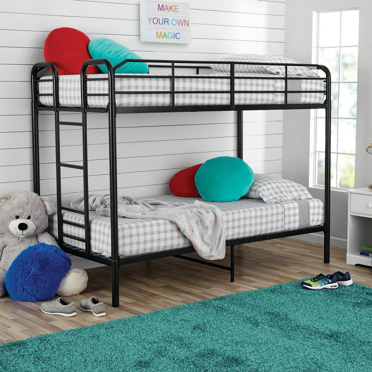 Black Metal Twin over Twin Quad Bunk Bed with Ladder and Guardrails D200415