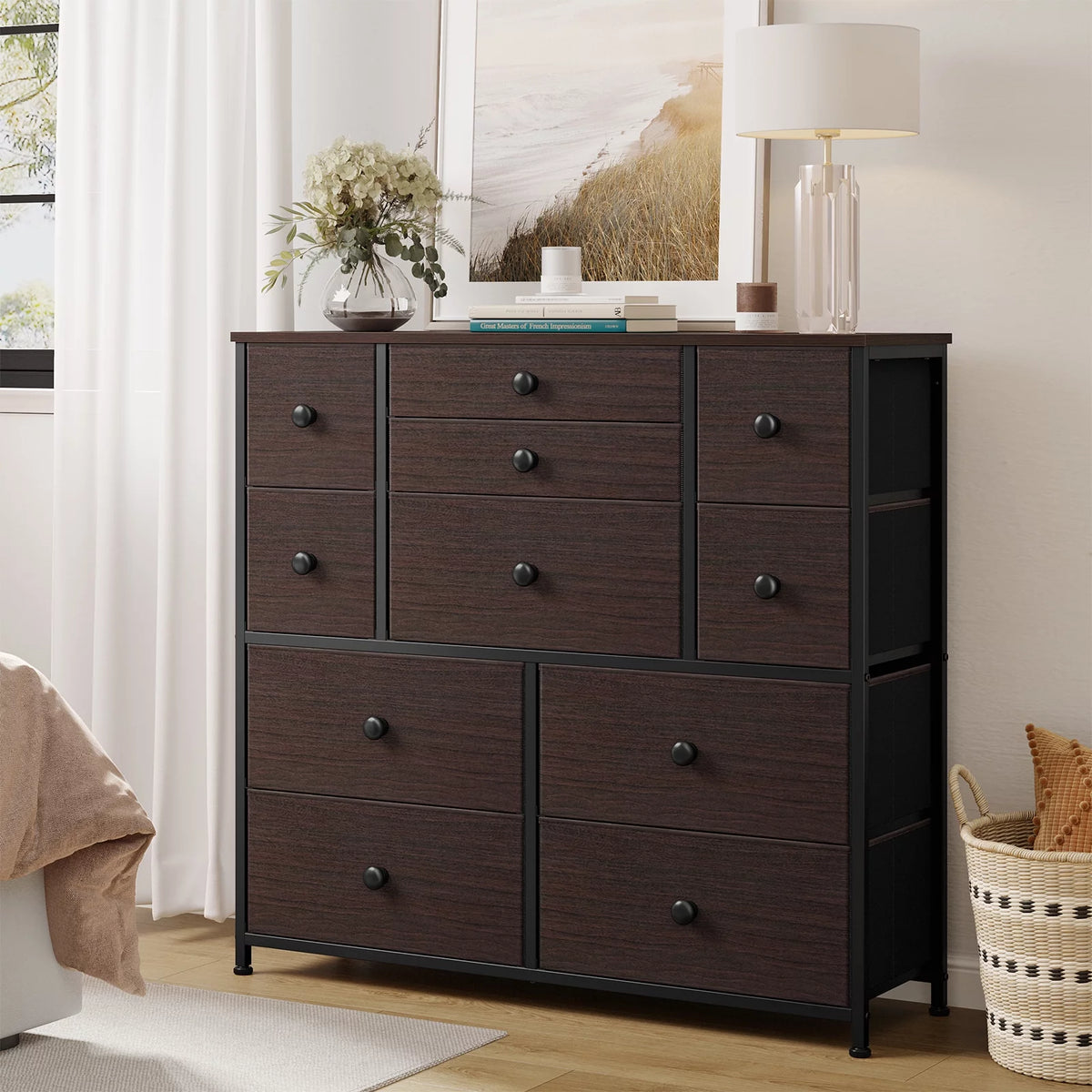 11 Fabric Drawers Faux Leather Rustic Brown Dresser with Wood Top Y496927