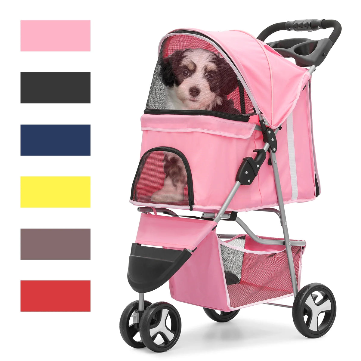 Foldable Pet Stroller with Wheels, Storage Basket and Cup Holder, Navy Blue Z315