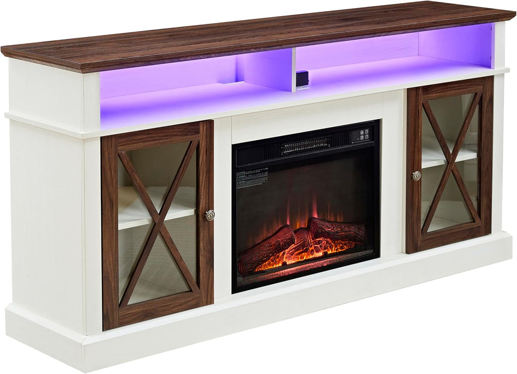 White TV Stand with Glass Barn Door and Adjustable Storage Shelves M7592