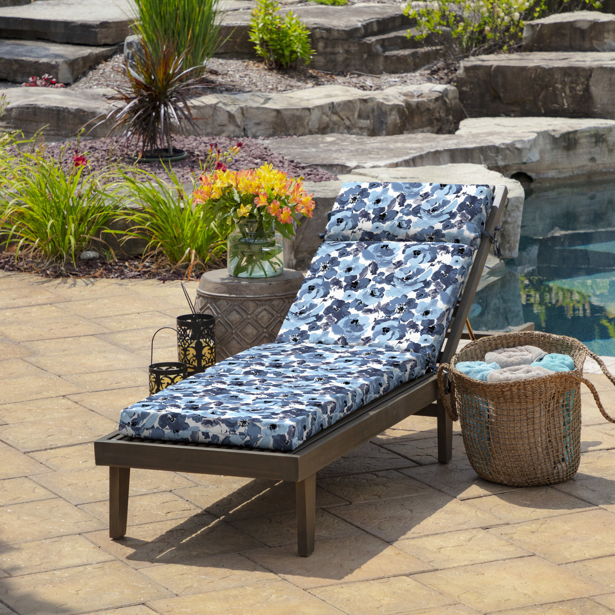 Blue Garden Floral Outdoor Chaise Lounge Cushion 72 x 21 B3719