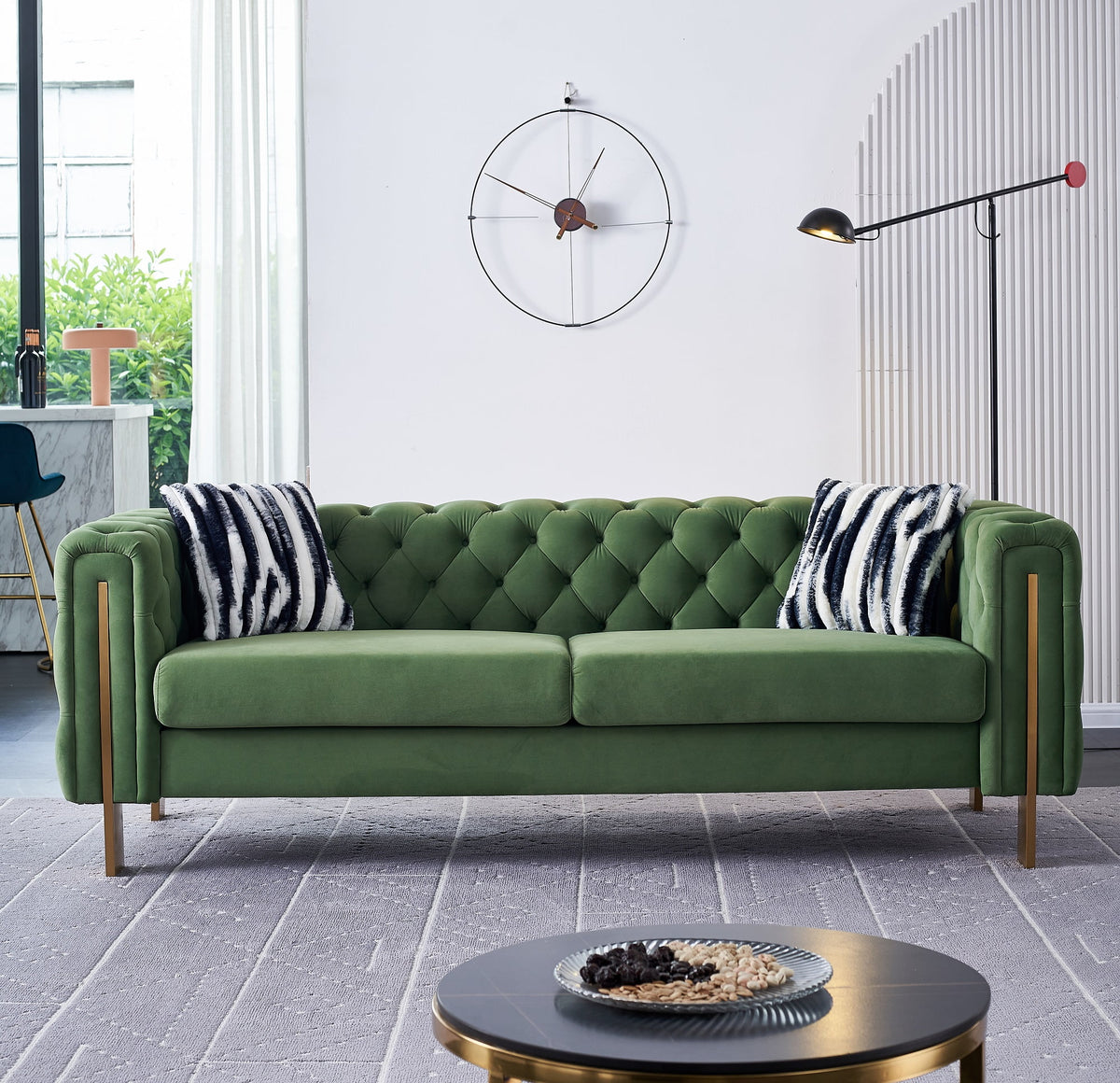 Green Tufted Velvet Sofa with 2 Pillows, 84 inches R27794