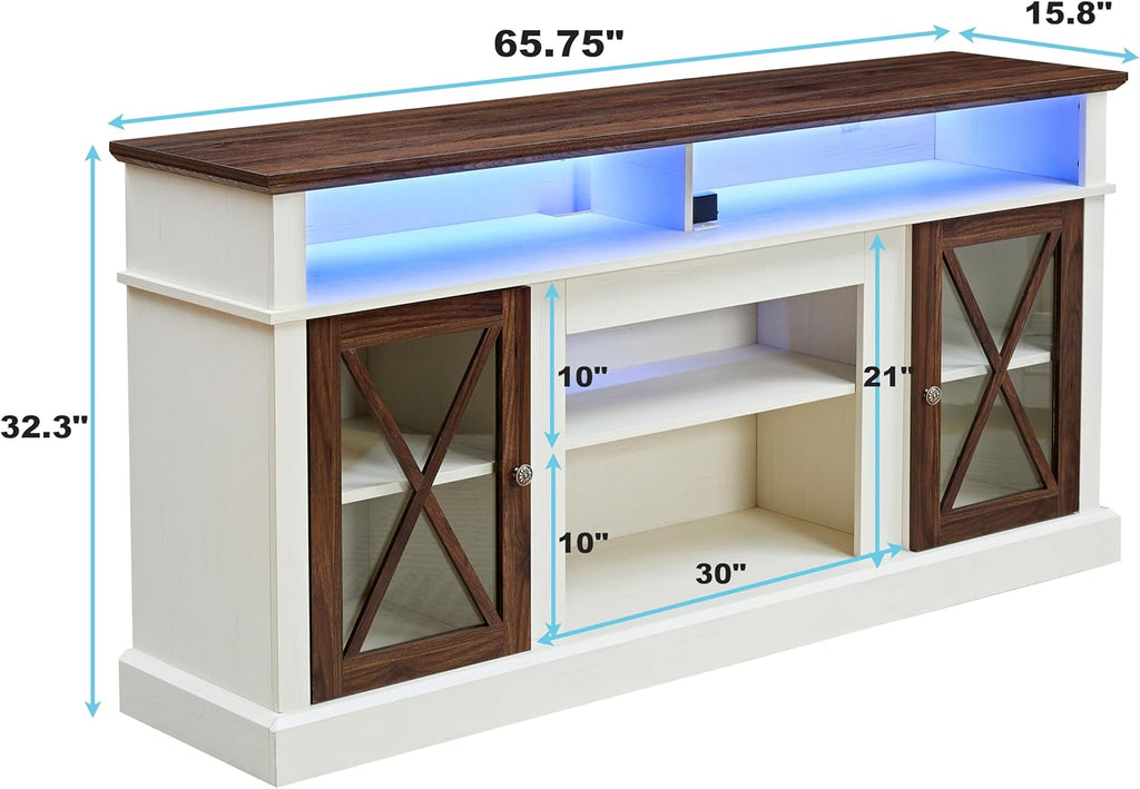White TV Stand with Glass Barn Door and Adjustable Storage Shelves M7592