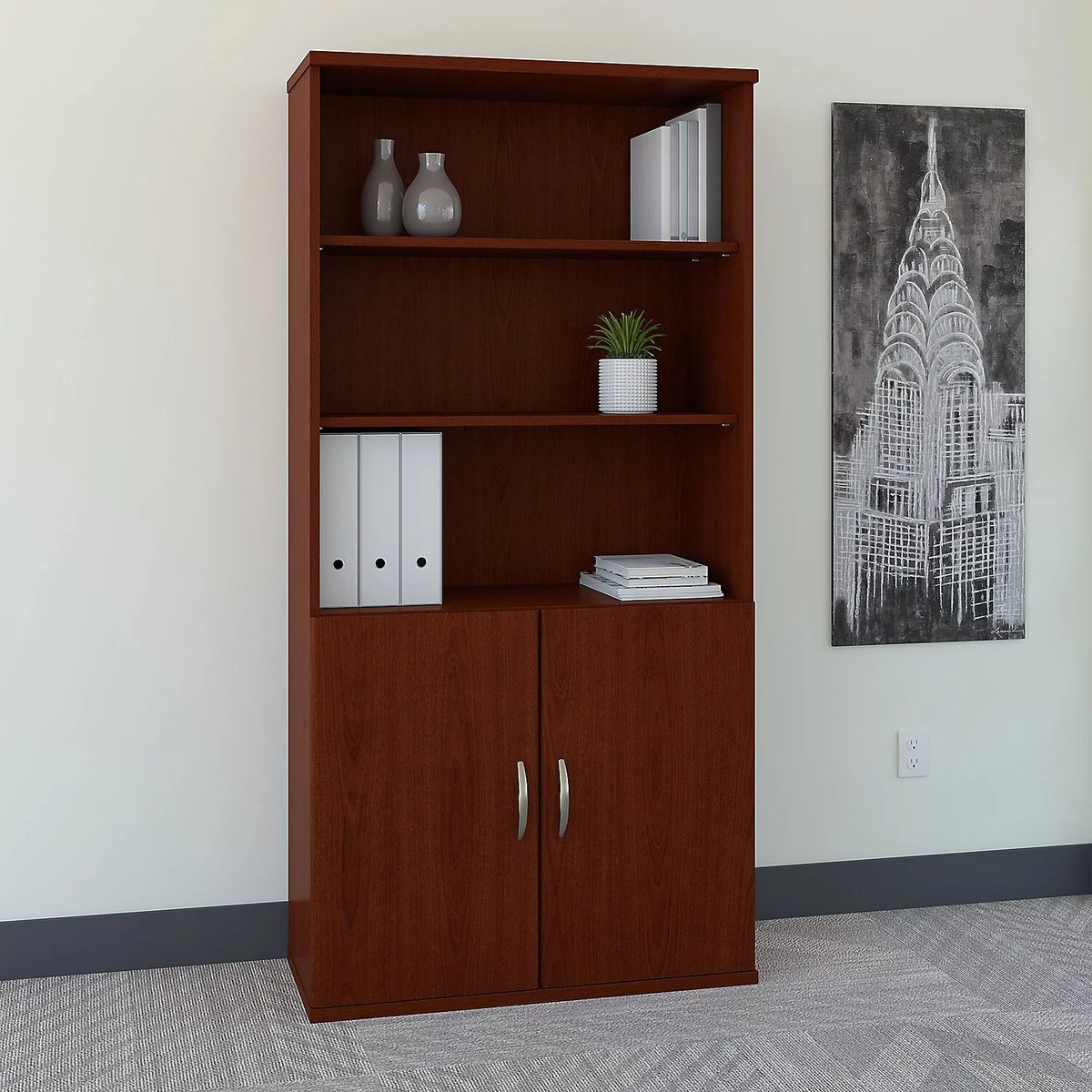 36W 5 Shelf Bookcase with Doors in Mahogany Engineered Wood T469