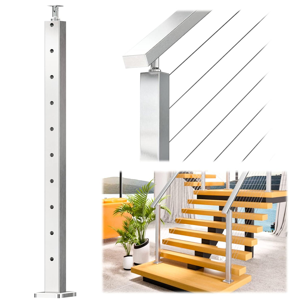 36x2x2 Brushed Stainless Steel Cable Railing Post C158