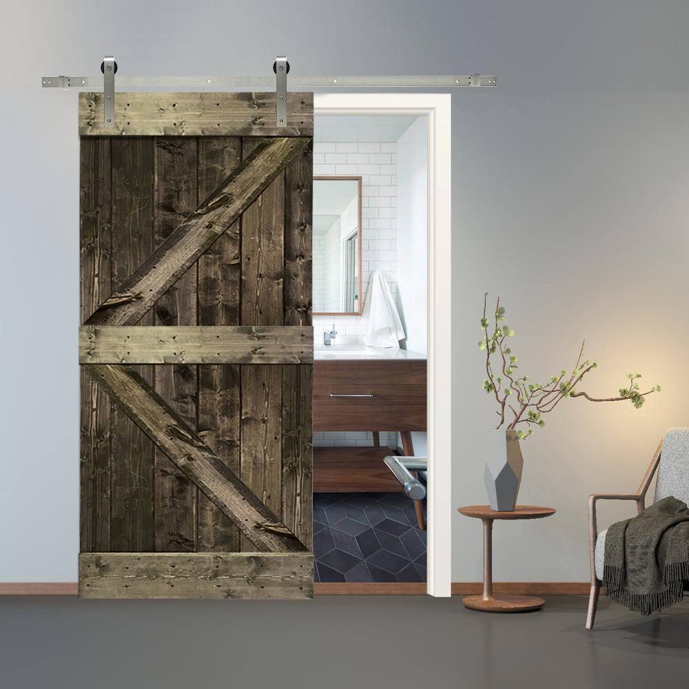 Solid Espresso Stained Knotty Pine Wood Interior Sliding Barn Door with Hardware Kit L28182