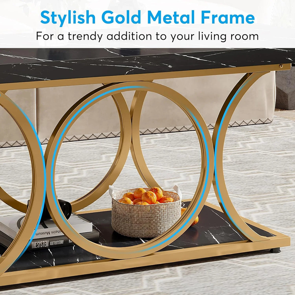 2-Tier Faux Marble Wood Coffee Table with Storage Shelf W318
