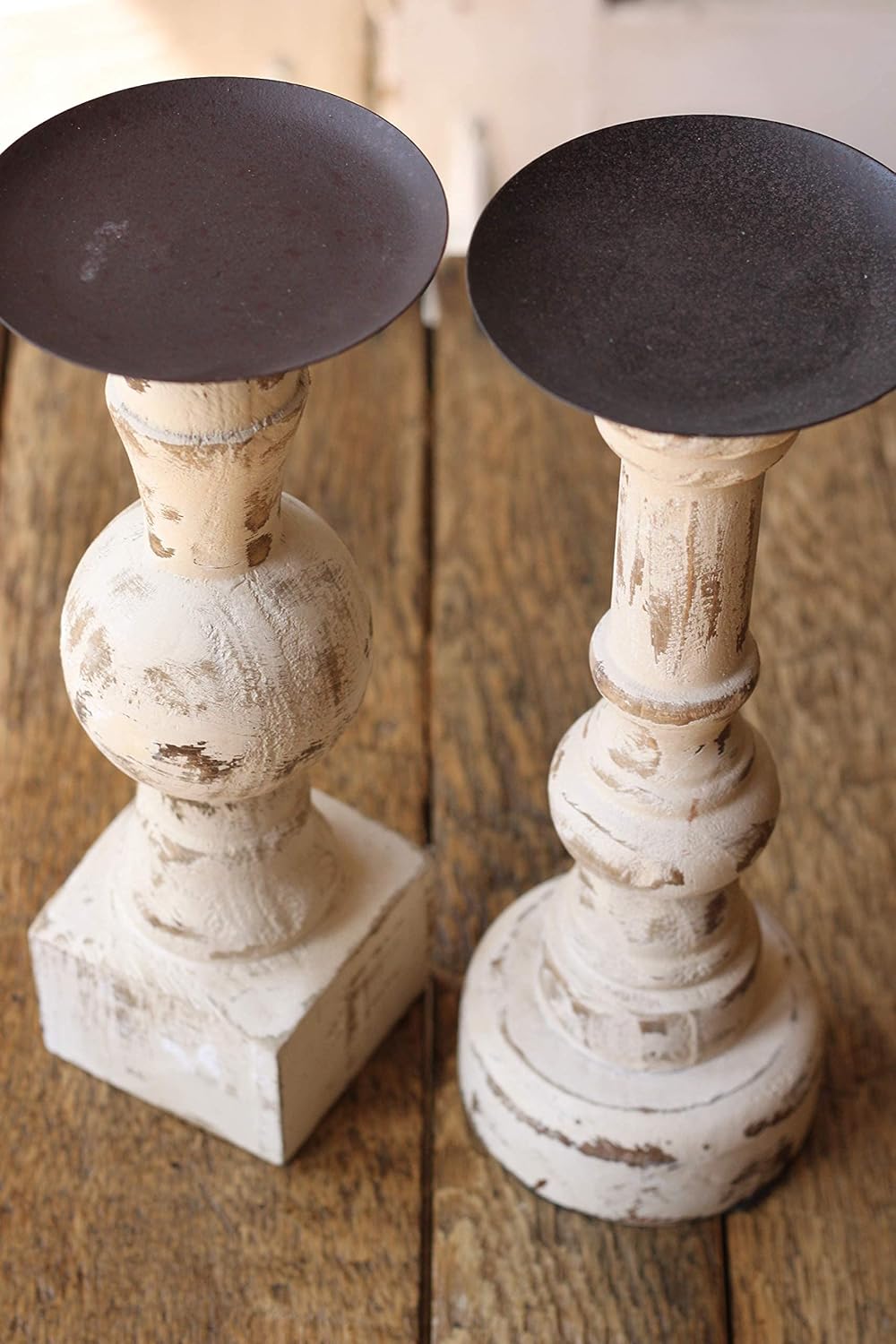 Antique White Wooden Candle Holders Set of 2 C994738