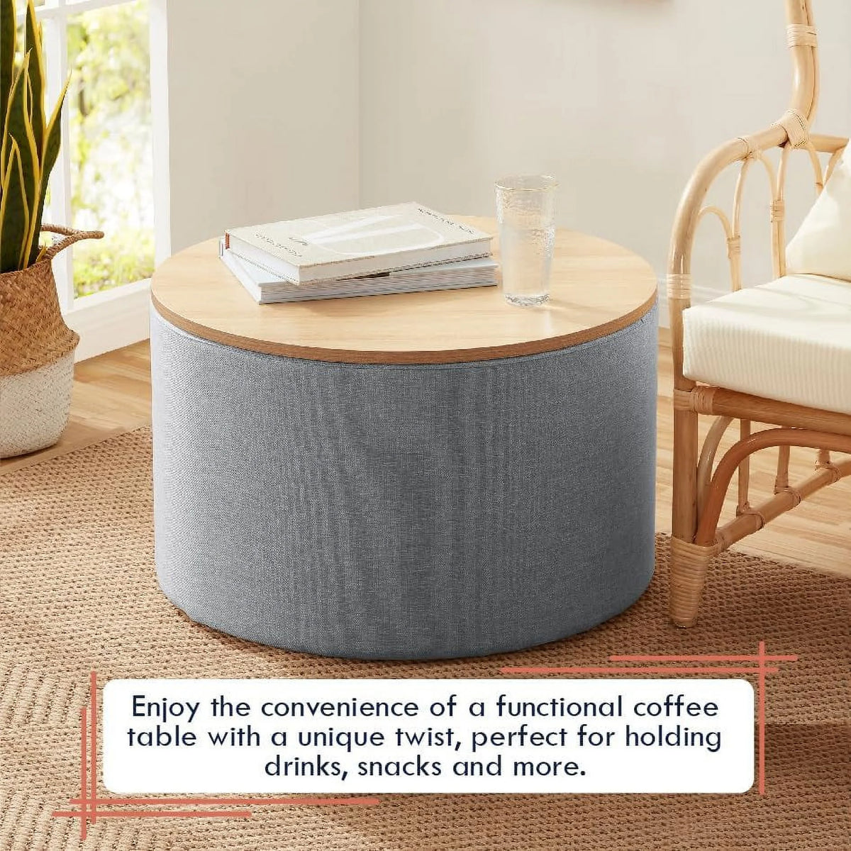 Large Round Linen Beige Coffee Table Ottoman with Lift Off Lid W3117