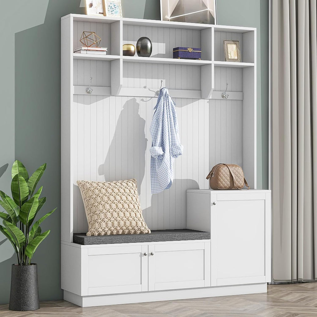White Hall Tree with Cushion Bench and Shoe Storage A980790