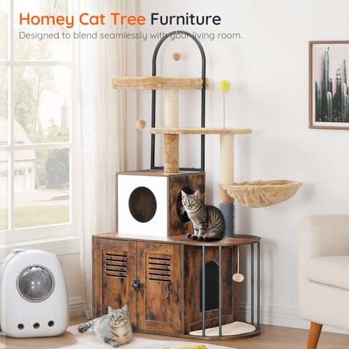 Cat Tree with Litter Box Enclosure, 31.5" Cat Tower with Sisal Posts, Hammock, Rustic Brown J4686