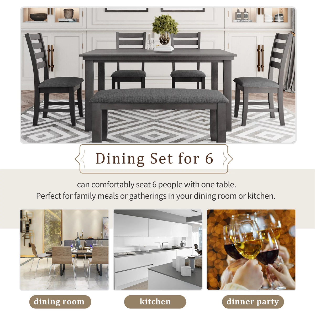 Gray Wood Dining Table and Chairs with Bench W2526
