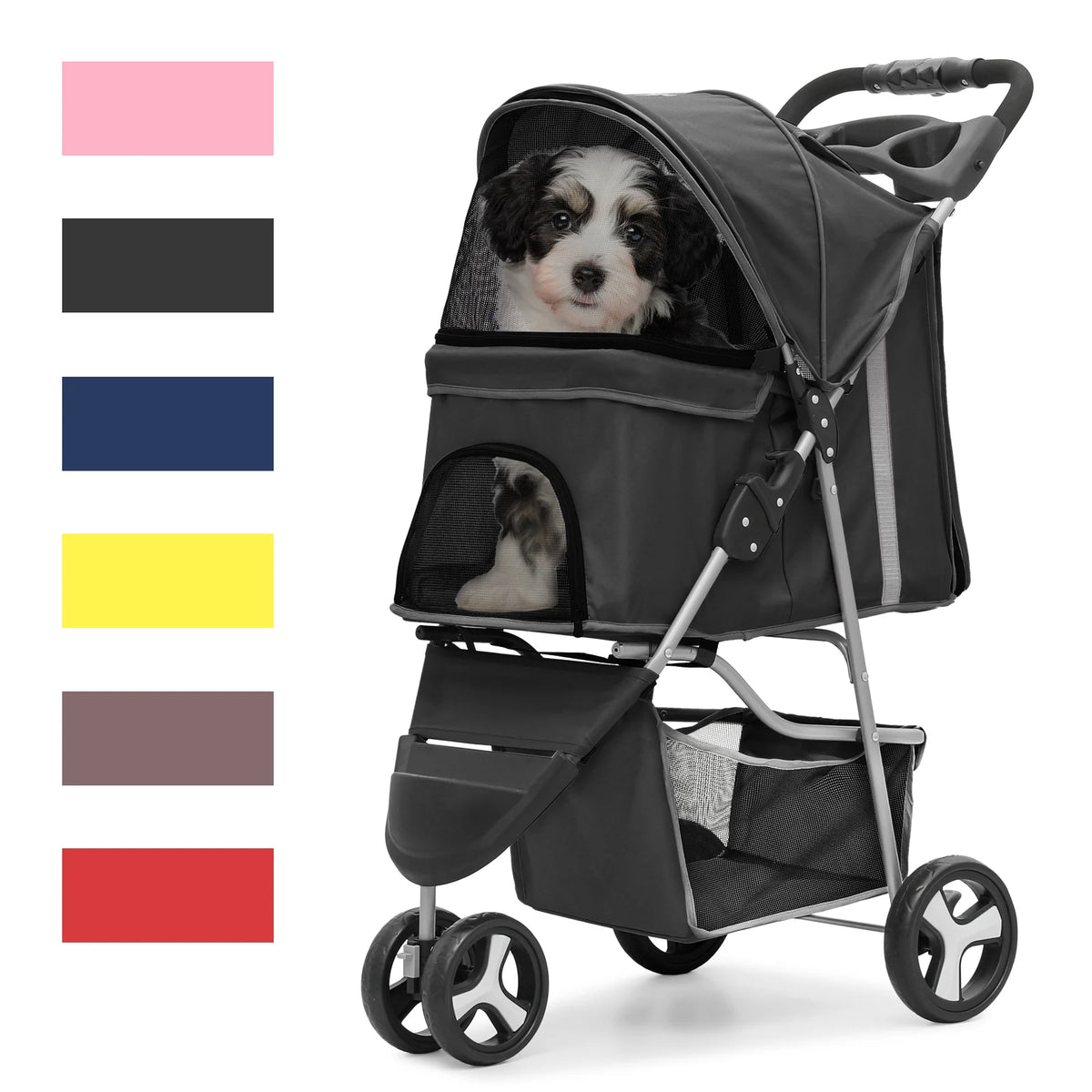 Foldable Pet Stroller with Wheels, Storage Basket and Cup Holder, Navy Blue Z315