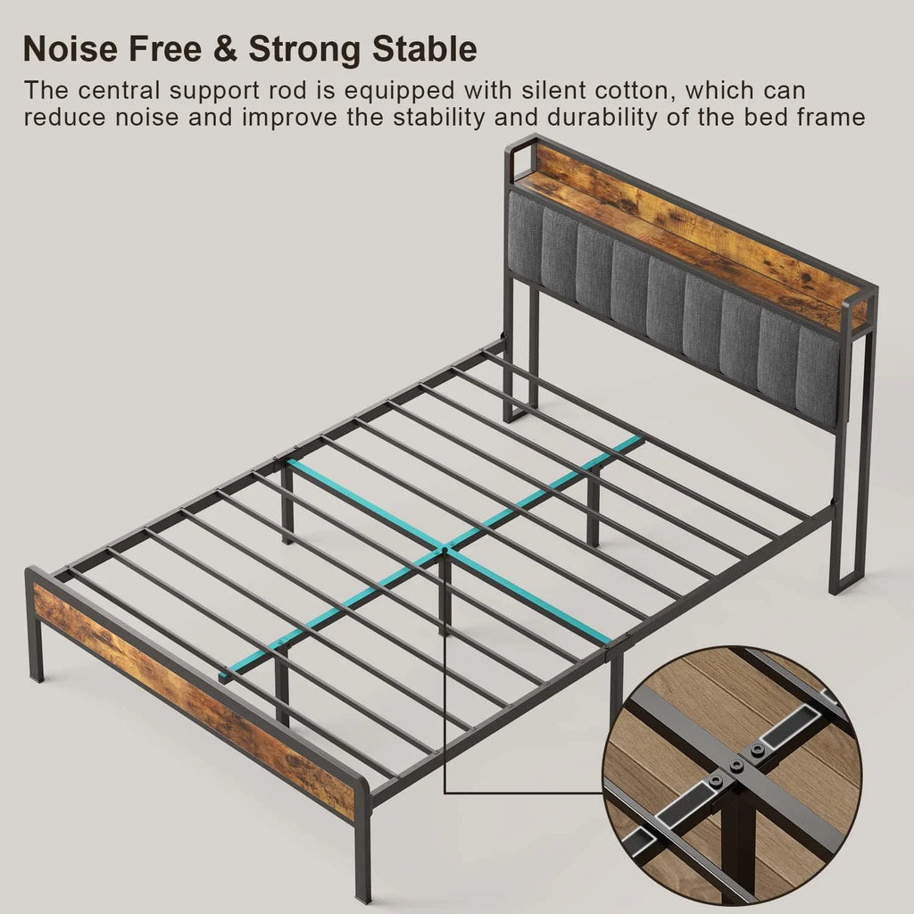 Queen Size Bed Frame with Storage Headboard Dark Grey W216