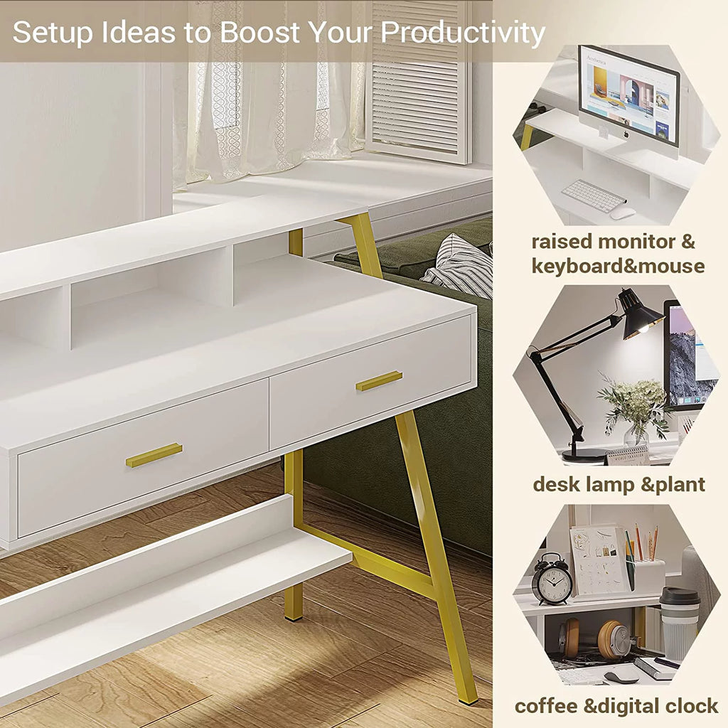 White and Gold Computer Desk with Drawers C432838