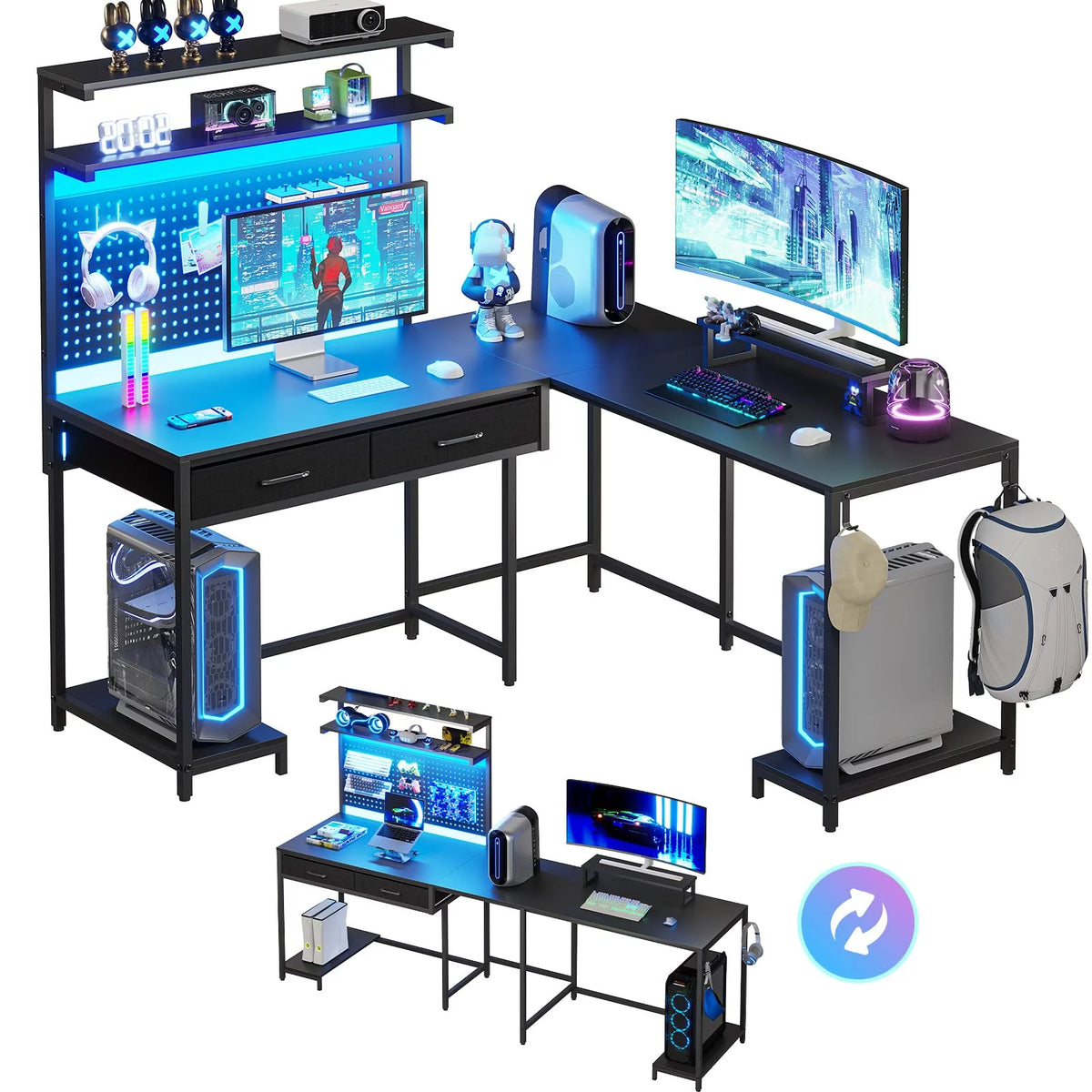 Black Reversible L-Shaped Computer Desk with Hutch and Drawers M21465