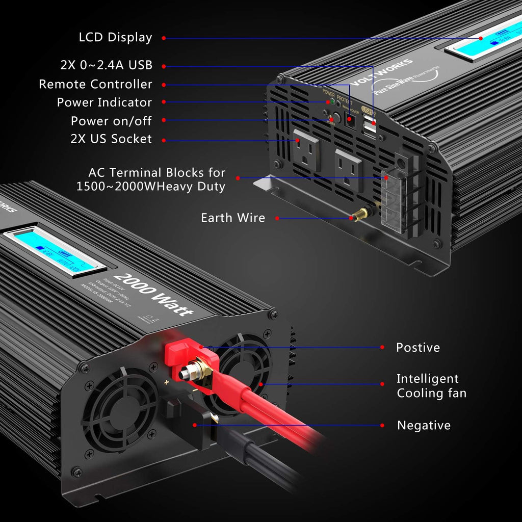 Pure Sine Wave 2000Watt Car Power Inverter DC 12V to 120V AC with 2 AC Outlets USB Ports Remote Control LCD Display G92937