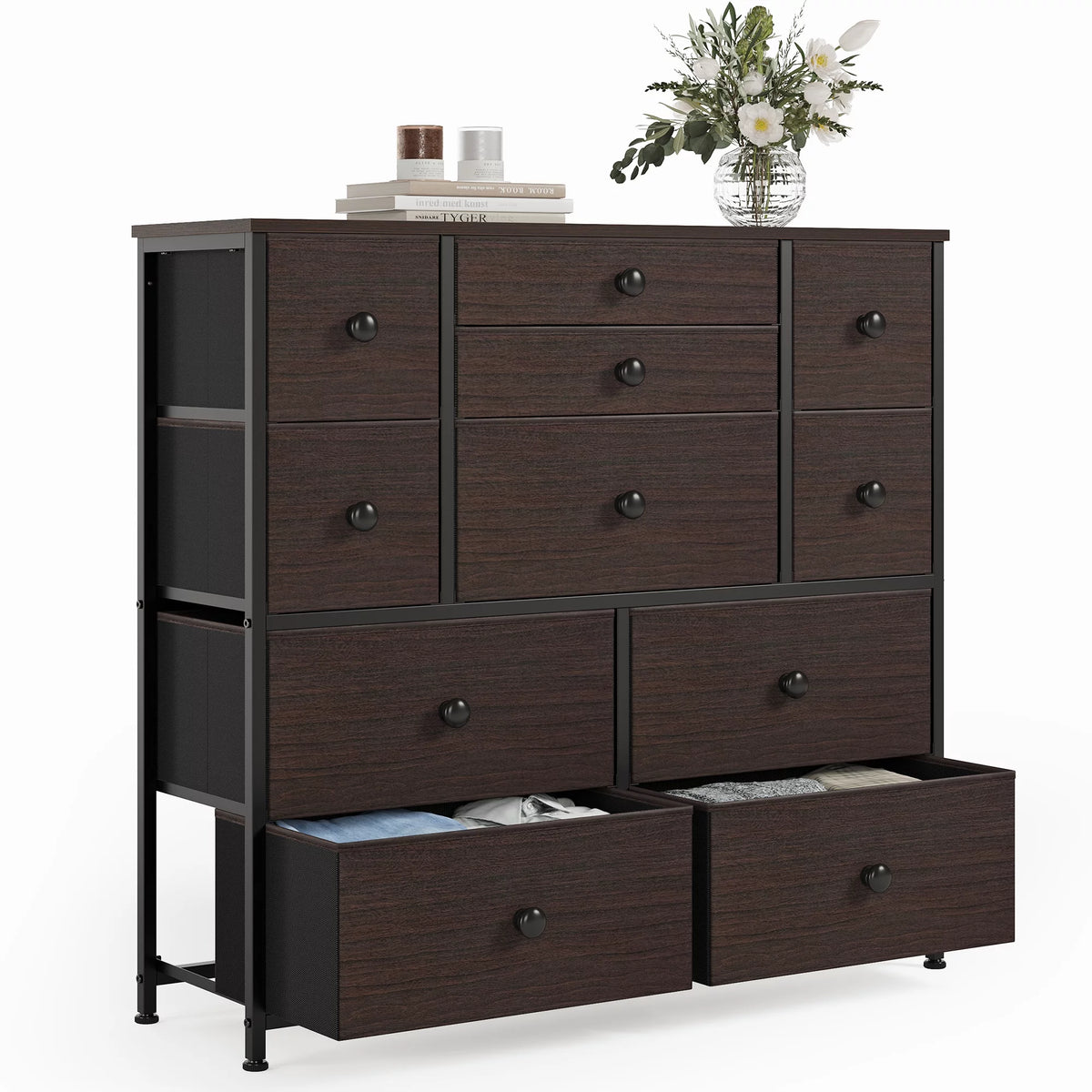 11 Fabric Drawers Faux Leather Rustic Brown Dresser with Wood Top Y496927