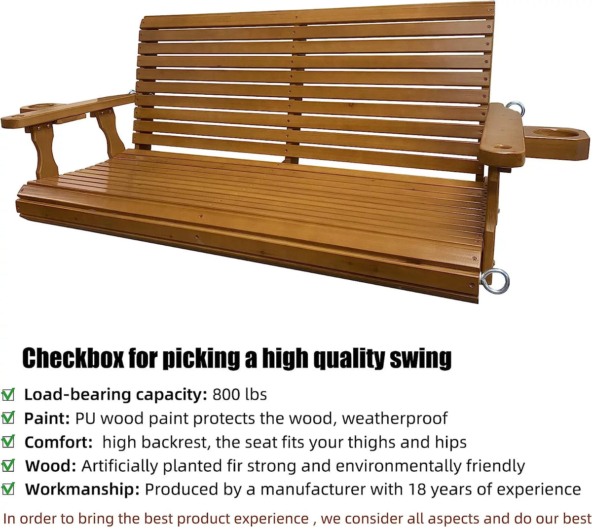 Brown 2 Seater Wooden Porch Swing with Cupholders A40590