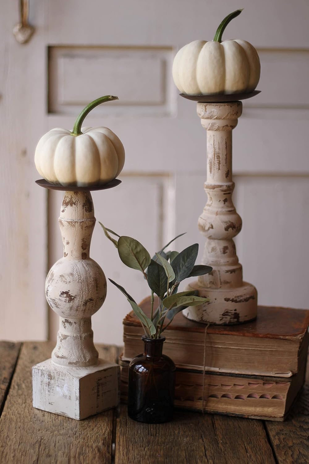 Antique White Wooden Candle Holders Set of 2 C994738