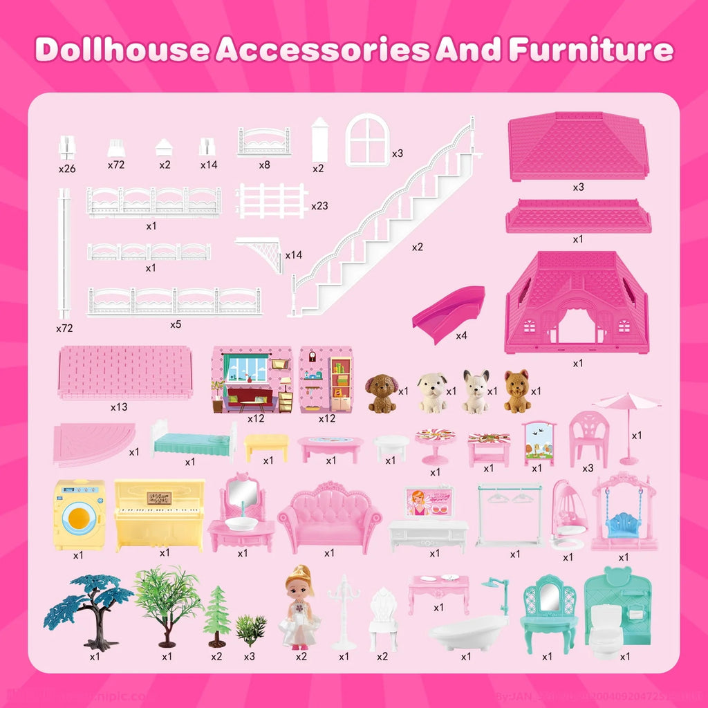 4-Story 12 Rooms Dollhouse with 2 Dolls X199