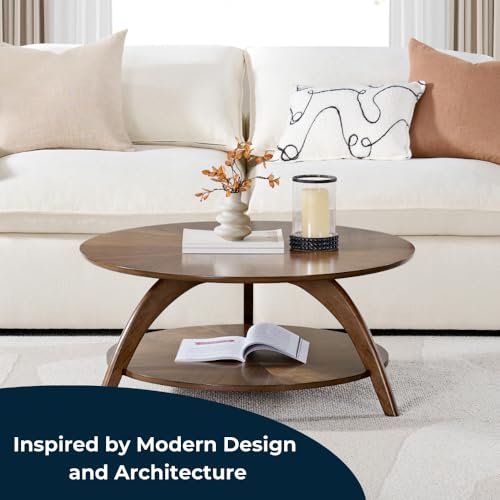 Caramel Brown Round Wood Coffee Table with Shelf Storage F186