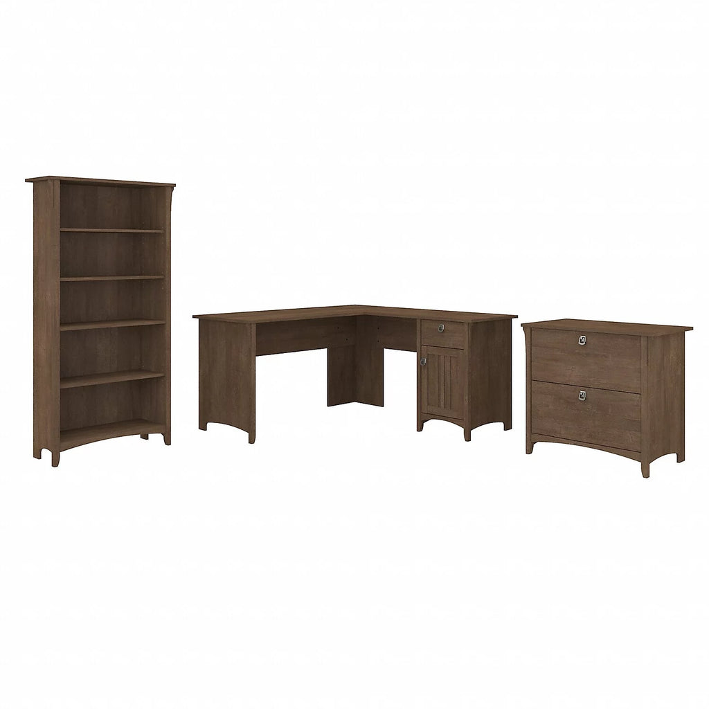 Ash Brown L Desk with File Cabinet & Bookcase J600