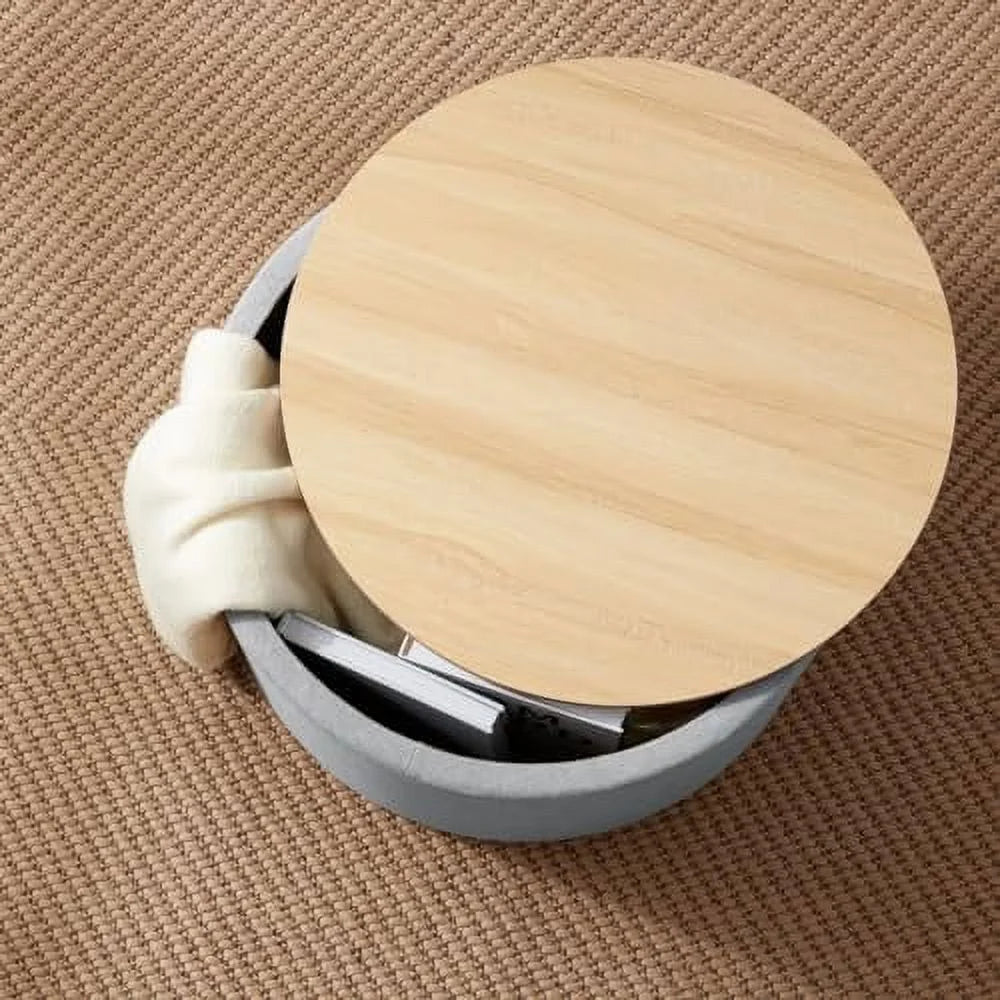 Large Round Linen Beige Coffee Table Ottoman with Lift Off Lid W3117