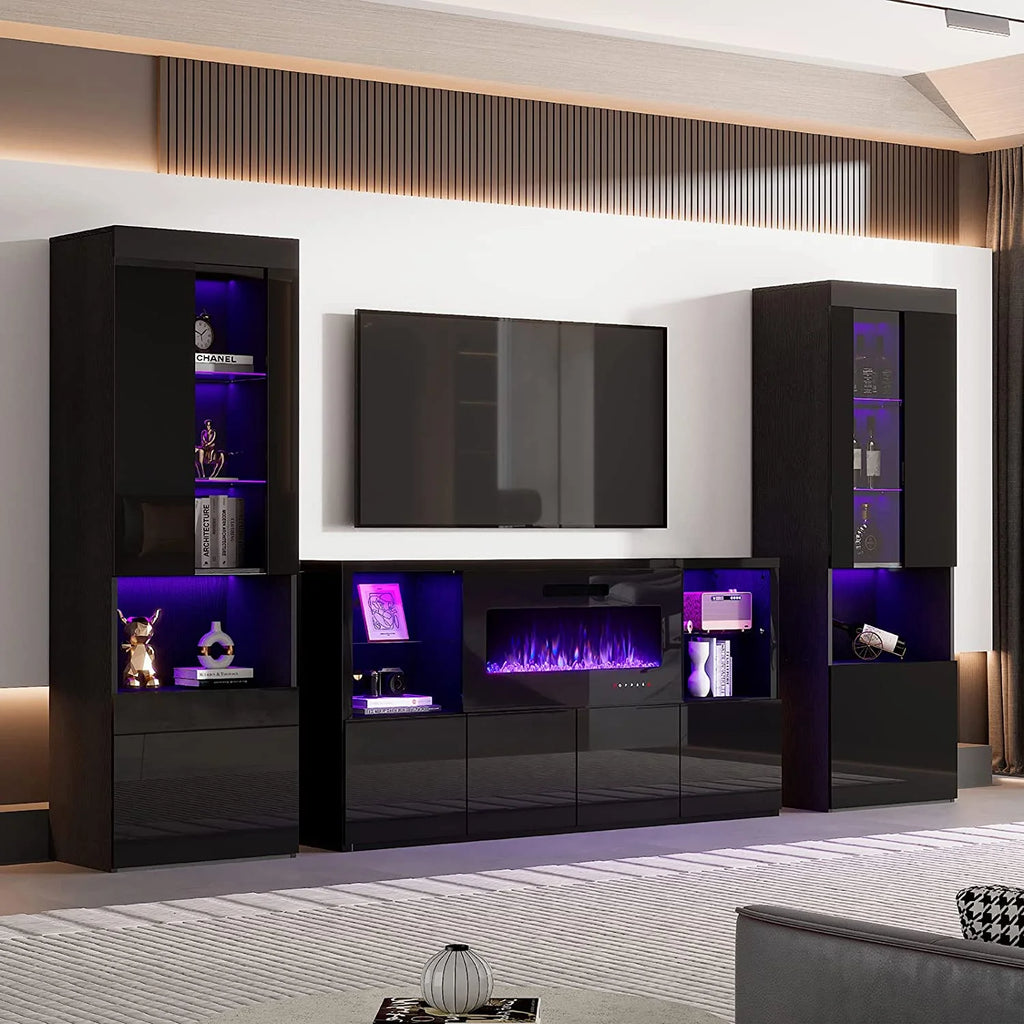 Black 2 Piece Wood Bookcase Storage Cabinet with Glass Shelves Z981540