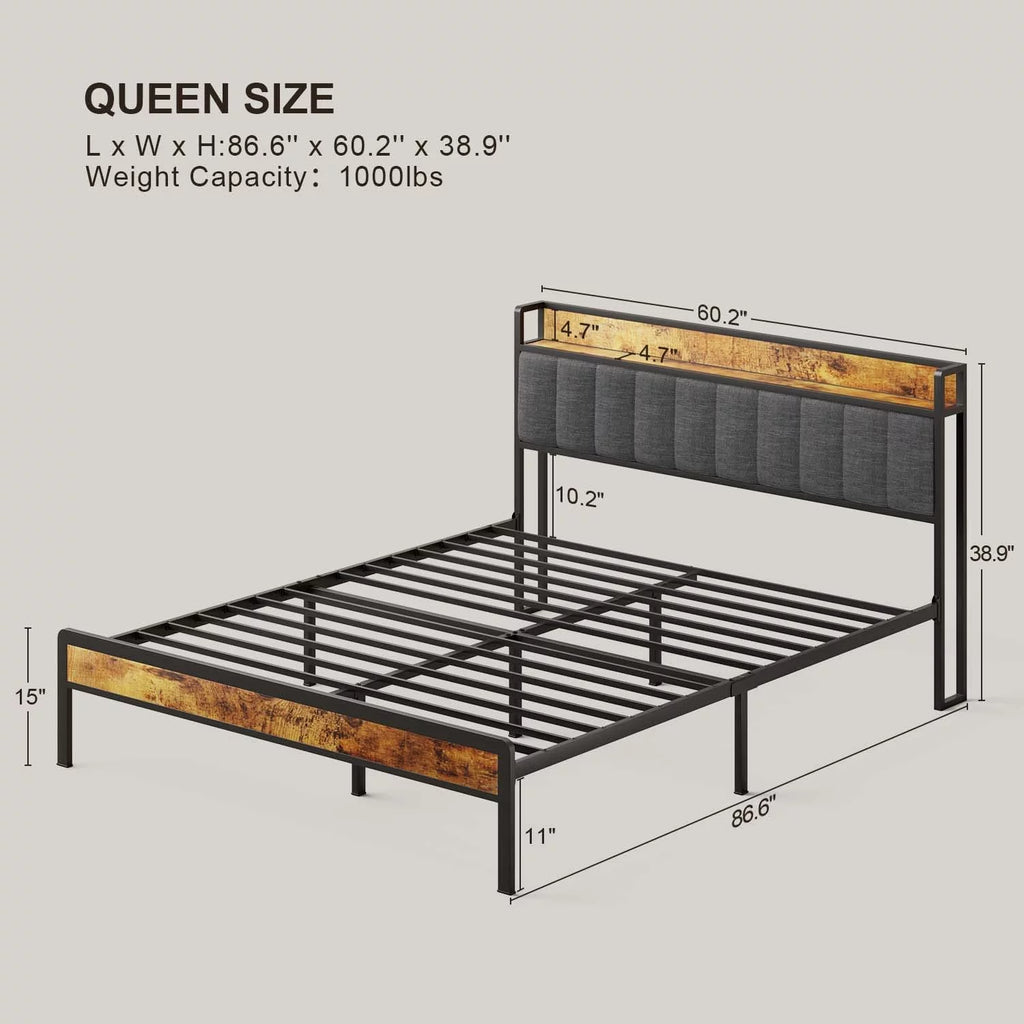 Queen Size Bed Frame with Storage Headboard Dark Grey W216