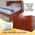 Queen Cherry Murphy Cabinet Chest Bed with Charging Station & 6" Memory Foam Mattress Q653502