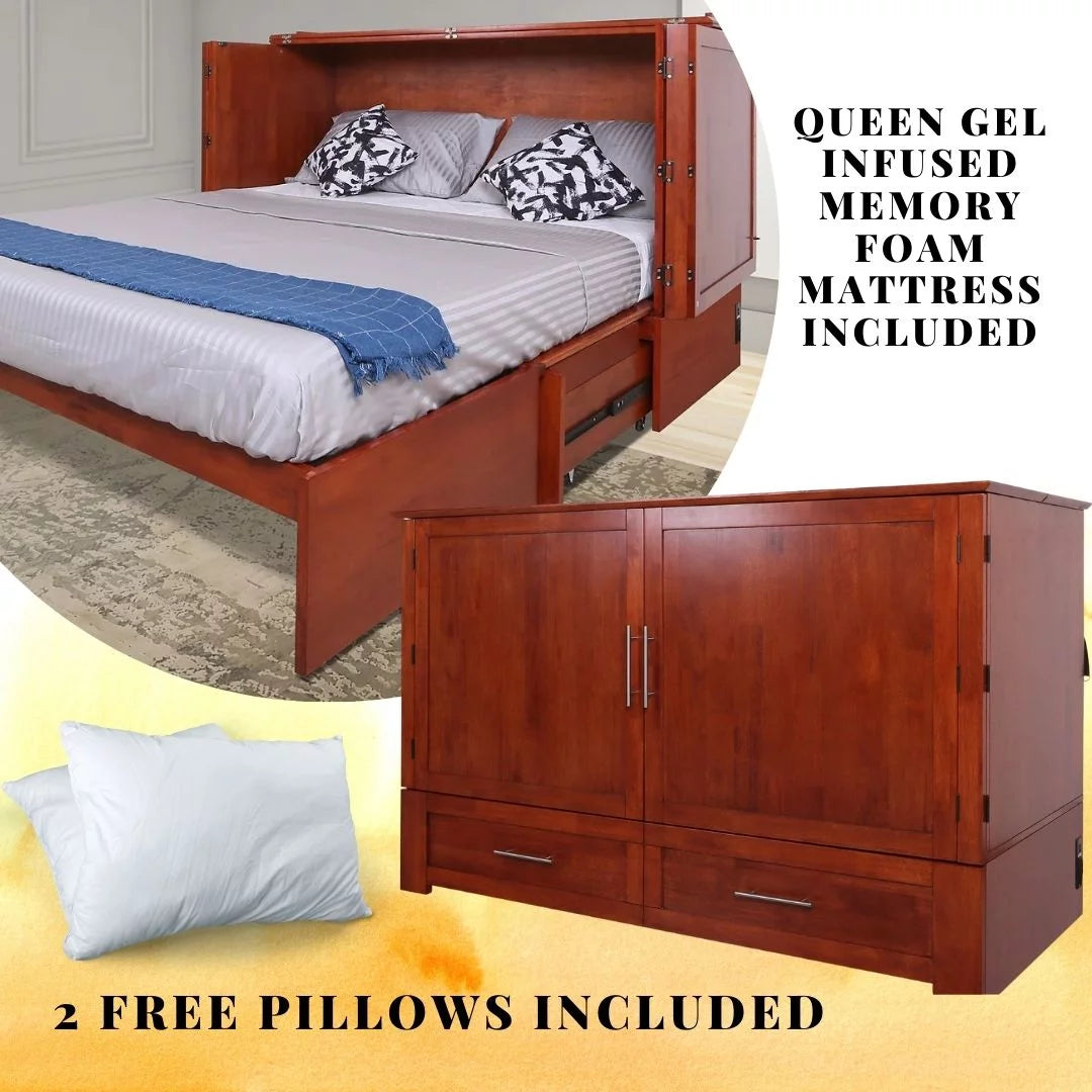 Queen Cherry Murphy Cabinet Chest Bed with Charging Station & 6" Memory Foam Mattress Q653502