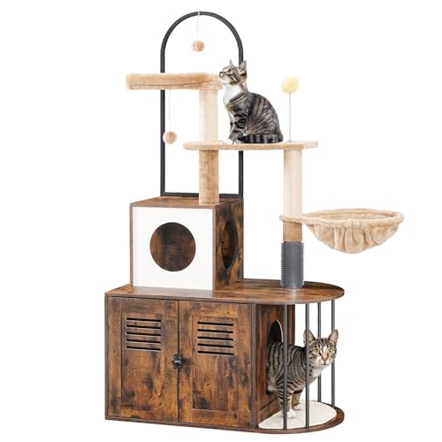 Cat Tree with Litter Box Enclosure, 31.5" Cat Tower with Sisal Posts, Hammock, Rustic Brown J4686
