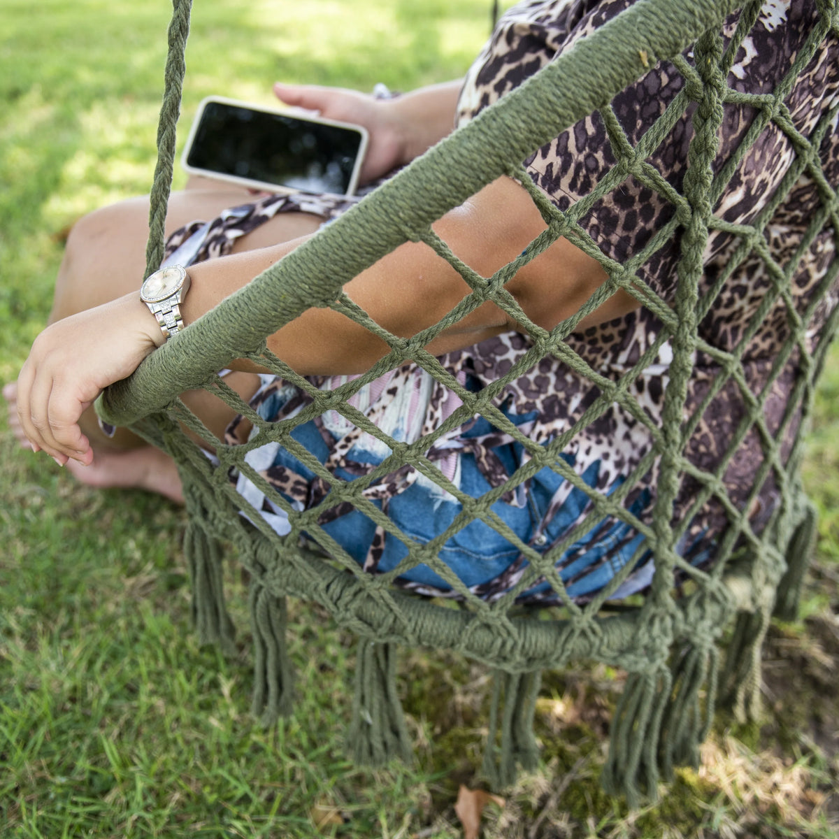 Macrame Outdoor Hammock Chair, Cotton Blend Olive Green, 47” L x 24” W, Capacity 250 lb. E544089