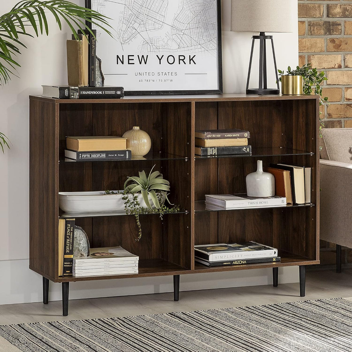 4 Glass Shelf Bookcase, 48 Inch, Dark Walnut O48294