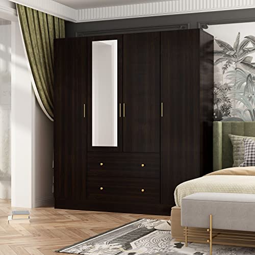 White 4-Door Wardrobe Closet with Mirror, Drawers and Shelves, Hanging Rod L4138