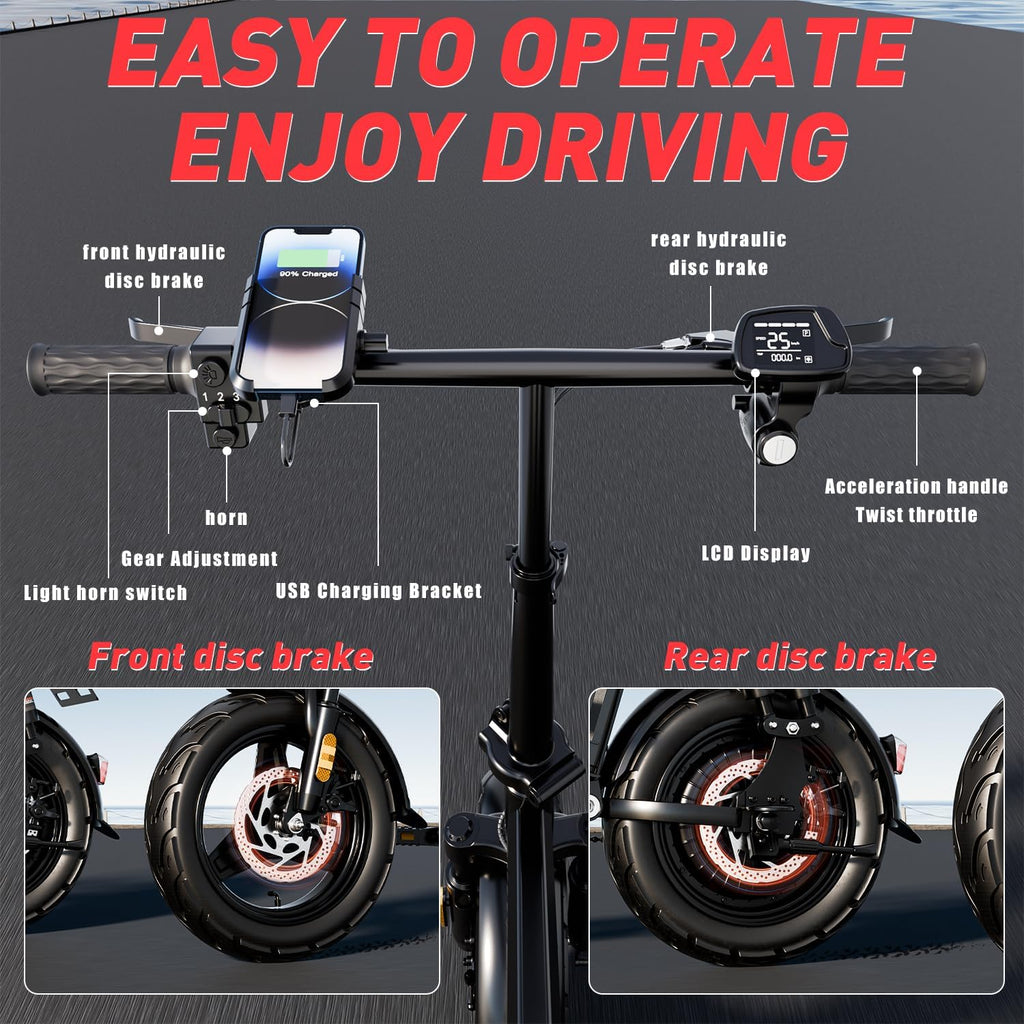 14" Folding Electric Commuting Bike with 1000W Brushless Motor, 48V 20Ah Removable Battery G647365