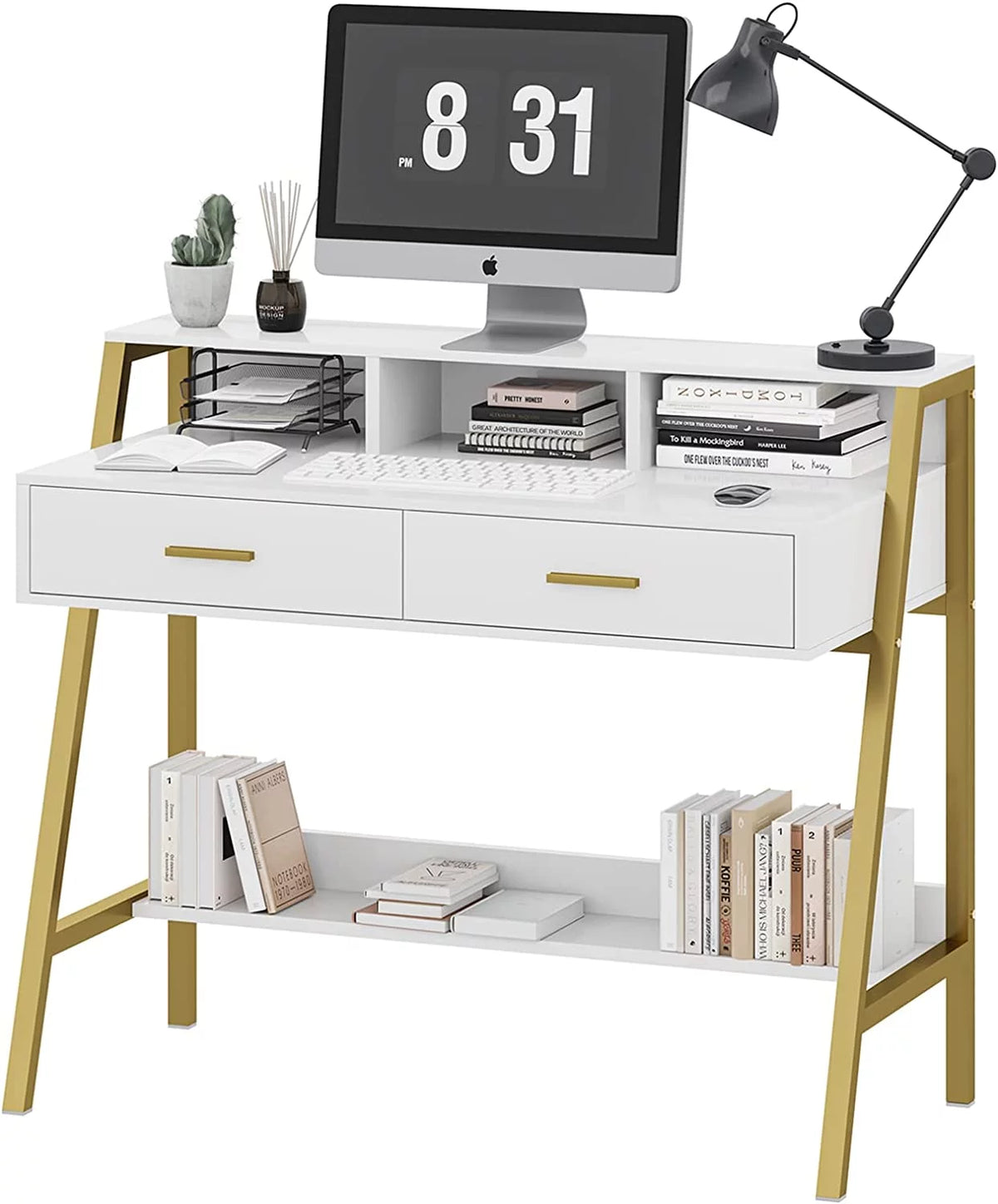 White and Gold Computer Desk with Drawers C432838