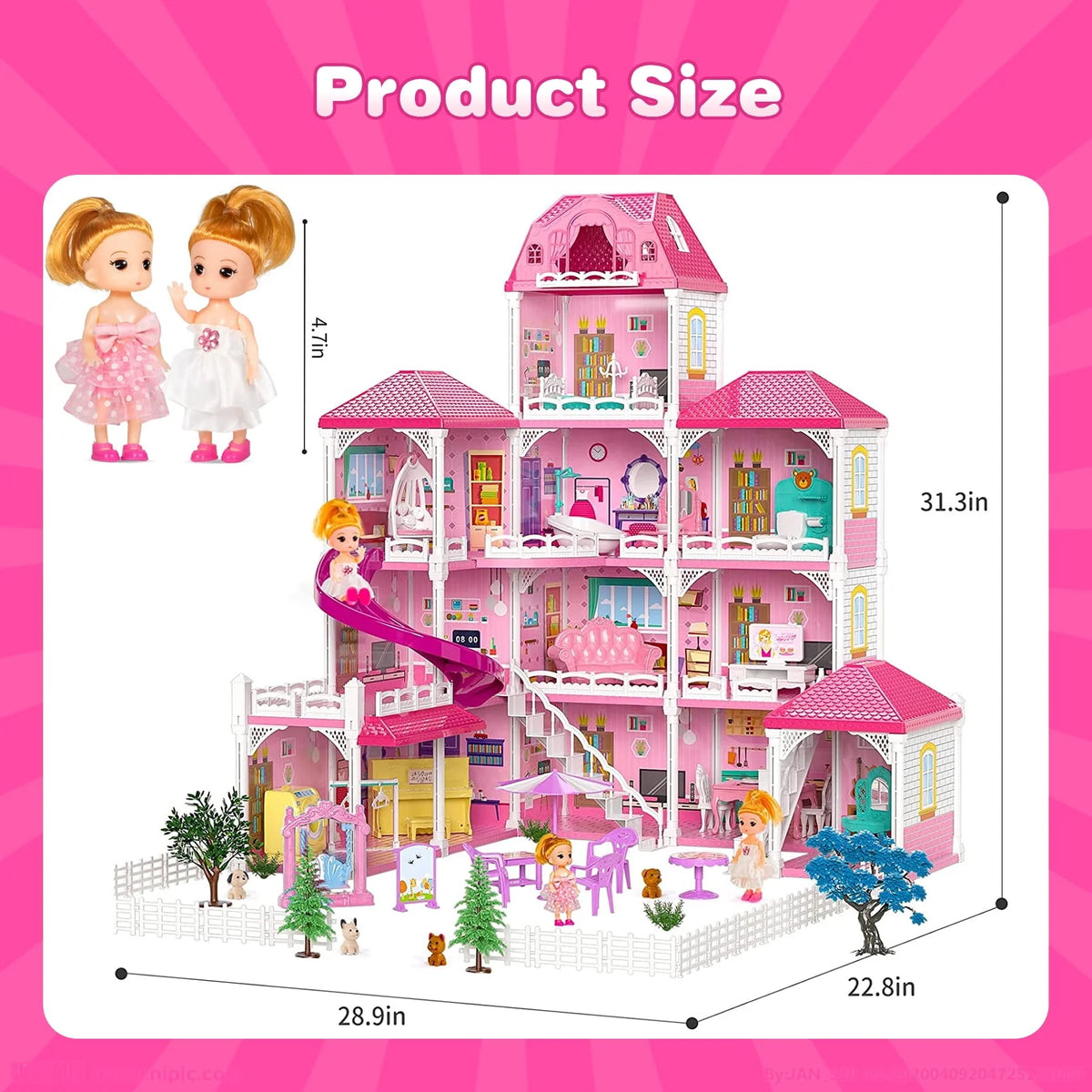 4-Story 12 Rooms Dollhouse with 2 Dolls X199