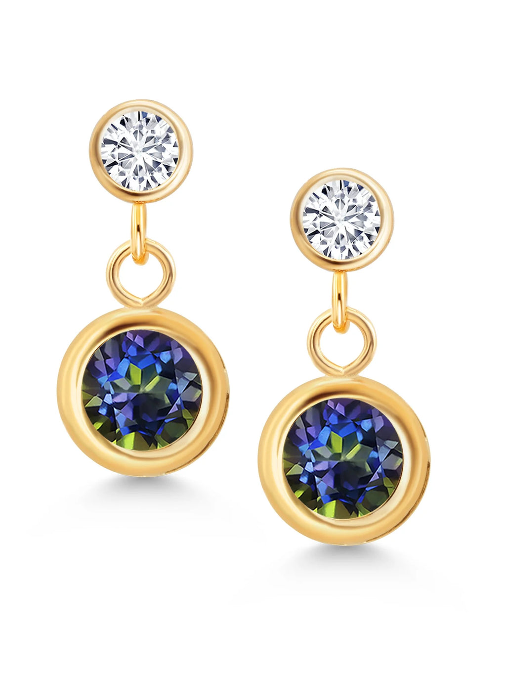14K Yellow Gold Blue Mystic Topaz and White Diamond Two Stone Bezel Dangle Earrings J2770
